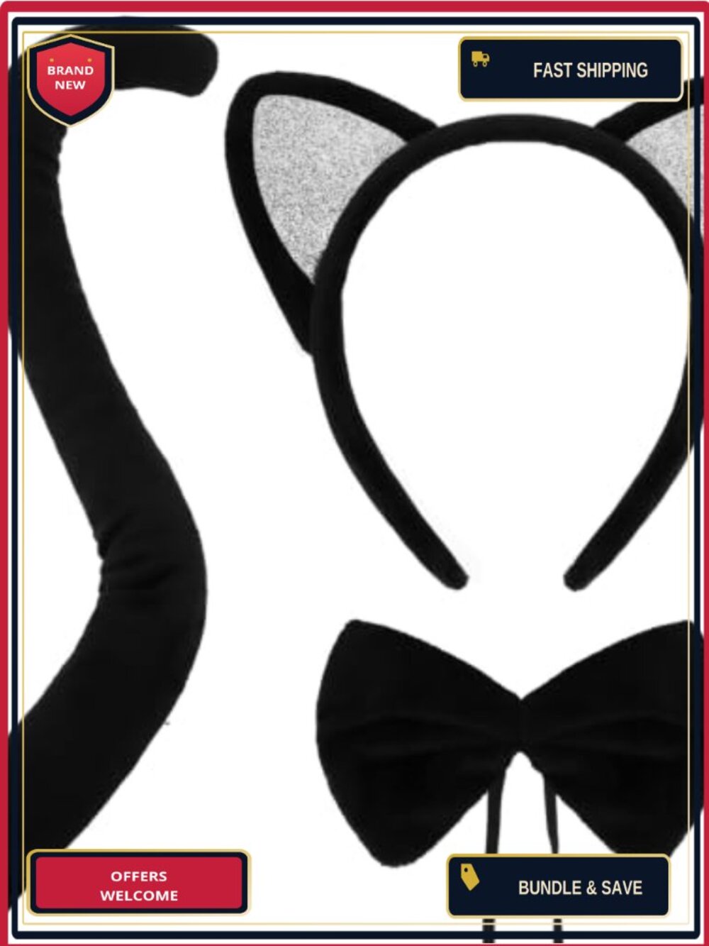 Cat Ears Headband and Tail Bowtie Set Velvet Finish Adult Costume Accessory